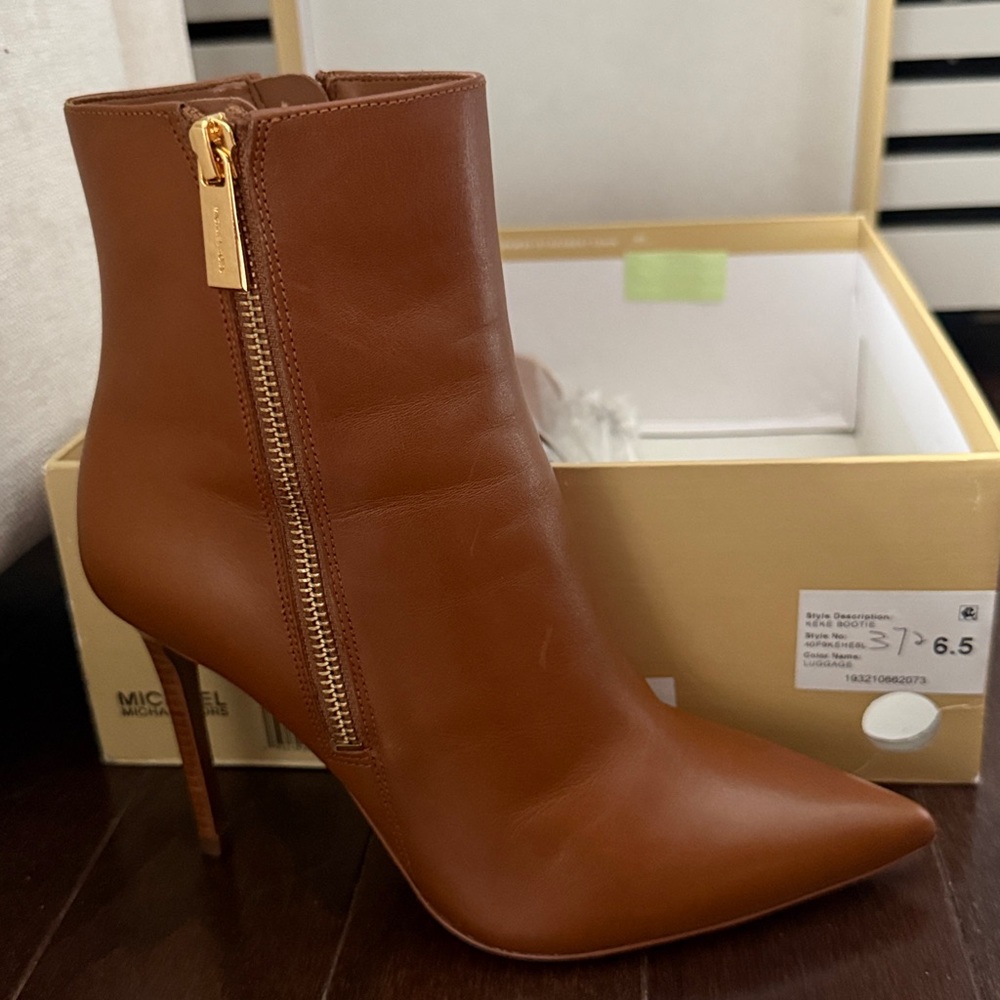 Michael Kors Cognac Leather Pointed-Toe Stiletto Ankle Boots